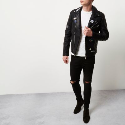 Black faux leather badged biker jacket